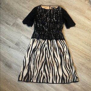 St. John  zebra Tiger Silk Lace Peplum Dress 4 Black Beige Short Sleeve Midi